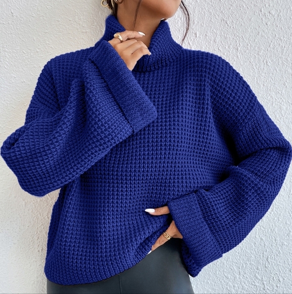 Turtleneck Drop Shoulder Waffle Knit Sweater